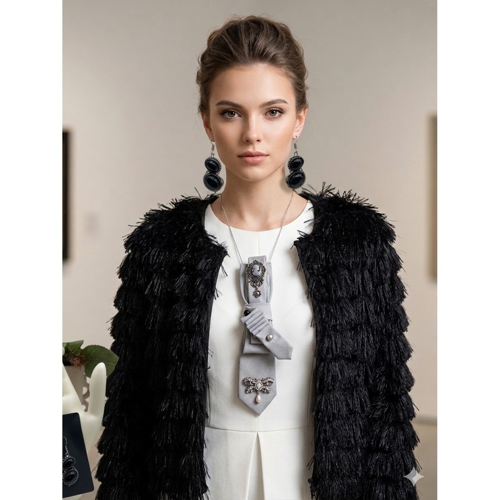Goodfellow & Co Grey Cameo Tie Necklace & VTG Black Sterling Stone Earrings Set